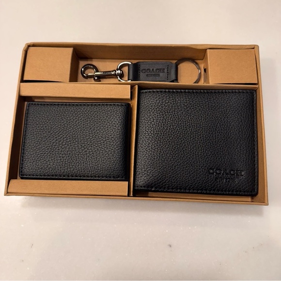 NWT Coach Men’s Boxed 3 In 1 Wallet Gift Set Box Pebble Black Leather - Picture 9 of 10